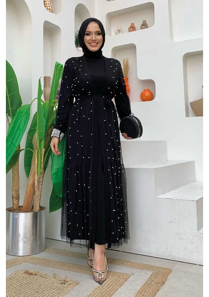 Incili Abaya ve Elbise Takım 8491 Siyah