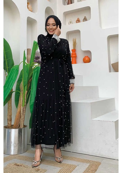 Incili Abaya ve Elbise Takım 8491 Siyah