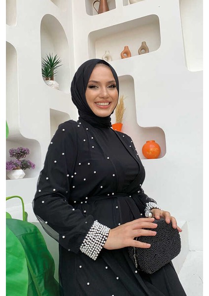 Incili Abaya ve Elbise Takım 8491 Siyah