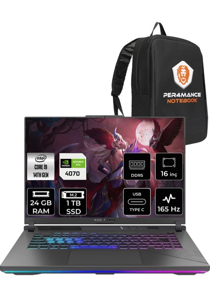 Rog Strix G16 Intel Core I9 14900HX 24GB 1tb SSD RTX4070/8GB 165Hz 16" Fhd+ Fdos Taşınabilir Bilgisayar N3088 & Per4 Çanta N3038P313