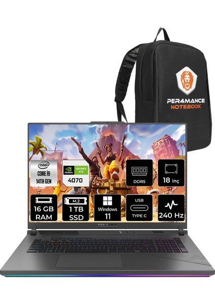 Rog Strix G18 Intel Core I9 14900HX 16GB 1tb SSD RTX4070/8GB 240Hz 18" Qhd+ W11P Taşınabilir Bilgisayar N6002 & Per4 Çanta N6002P388