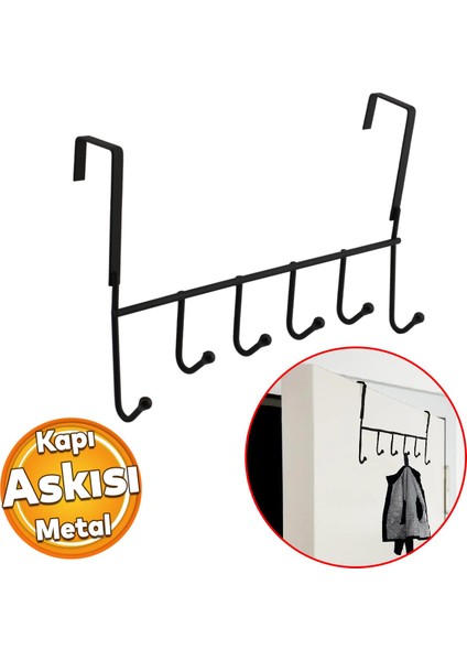 Ahşap Kapı Arkası Askılık Elbise Havlu Asma Askı Metal 6'lı Tekli Banyo Lavabo Sağlam Aparat Siyah