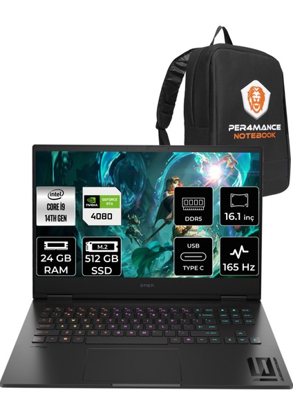 Omen 16 Intel Core I9 14900HX 24GB 512GB SSD RTX4080/12GB 165Hz 16.1" Fhd Fdos Taşınabilir Bilgisayar & Per4 Çanta 9J2A5EAPN312