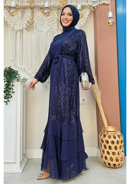 Pulpayet Işlemeli Abaya ve Elbise Takım 8483 Lacivert