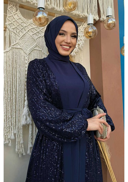 Pulpayet Işlemeli Abaya ve Elbise Takım 8483 Lacivert