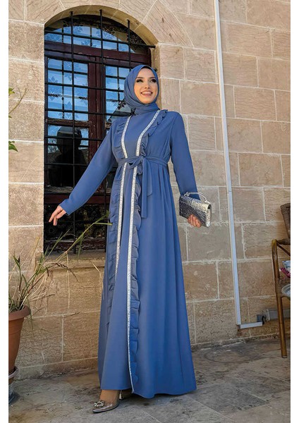 Boydan Fırfırlı Yelekli Elbise Takım 8489 Indigo