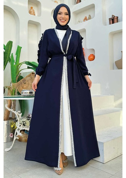 Kolları Fırfırlı Taş Detay Abayalı Takım 8484 Lacivert