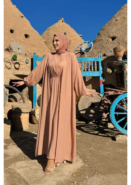 Bel Bilek Kısımları Taşlı Elbiseli Abaya Takım 8490 Somon