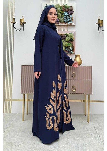 Bym Fashion Etek Kısmı Desenli Elbiseli Abaya Takım 8495 Lacivert