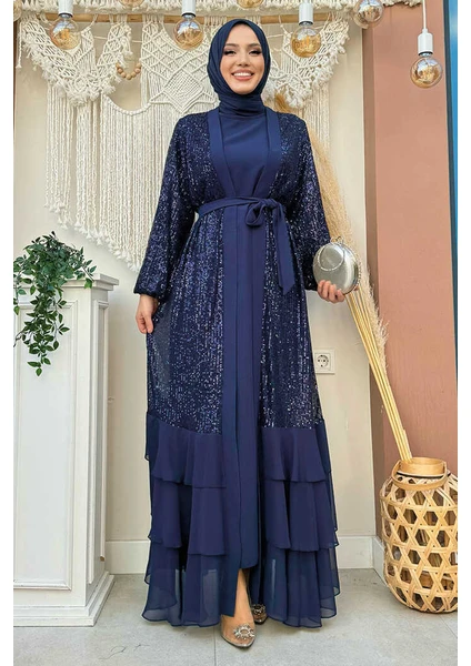 Bym Fashion Pulpayet Işlemeli Abaya ve Elbise Takım 8483 Lacivert