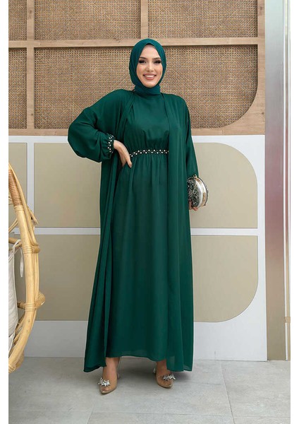 Bel Bilek Kısımları Taşlı Elbiseli Abaya Takım 8490 Zümrüt fiyatları