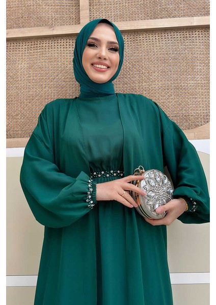 Bel Bilek Kısımları Taşlı Elbiseli Abaya Takım 8490 Zümrüt fırsatları