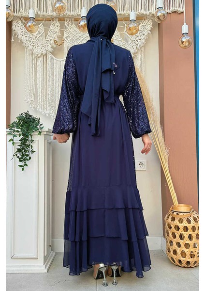 Bym Fashion Pulpayet Işlemeli Abaya ve Elbise Takım 8483 Lacivert