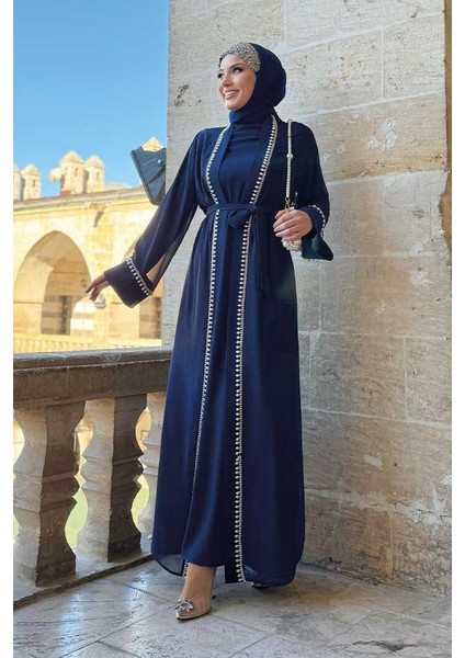 Inci Detaylı Abaya Elbise Takım 8493 Lacivert