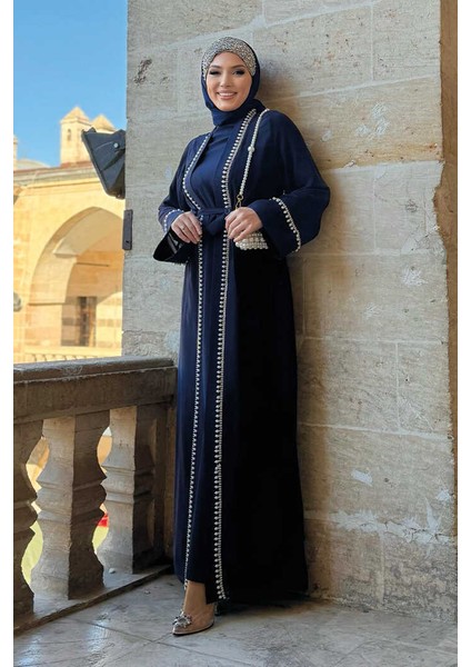 Inci Detaylı Abaya Elbise Takım 8493 Lacivert modelleri