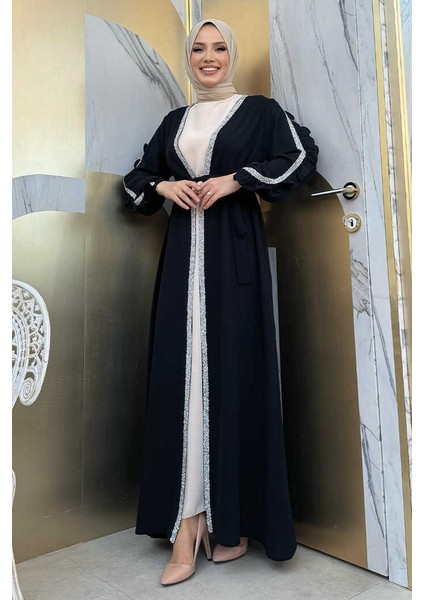Kolları Fırfırlı Taş Detay Abayalı Takım 8484 Siyah