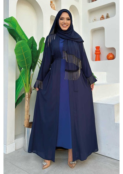 Zincir Püskül Detay Şallı Abaya 7887 Lacivert