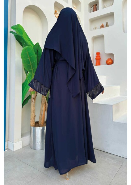 Zincir Püskül Detay Şallı Abaya 7887 Lacivert fiyatları