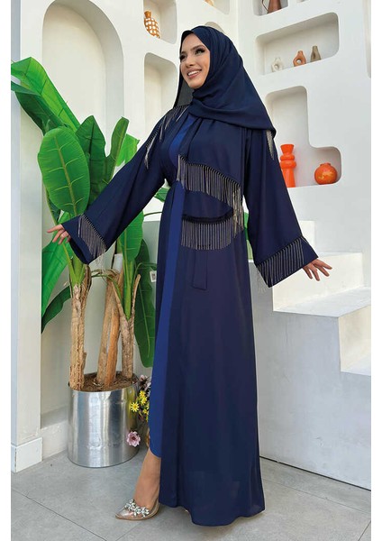 Zincir Püskül Detay Şallı Abaya 7887 Lacivert modelleri