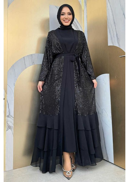 Pulpayet Işlemeli Abaya ve Elbise Takım 8483 Siyah