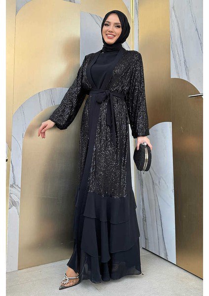 Pulpayet Işlemeli Abaya ve Elbise Takım 8483 Siyah modelleri