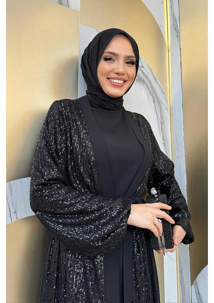 Pulpayet Işlemeli Abaya ve Elbise Takım 8483 Siyah fırsatları