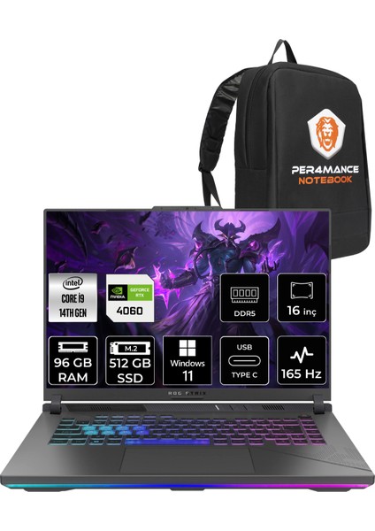 Rog Strix G16 Intel Core I9 14900HX 96GB 512GB SSD RTX4060/8GB 165Hz 16" Fhd+ W11P Taşınabilir Bilgisayar N3095 & Per4 Çanta N3095P417