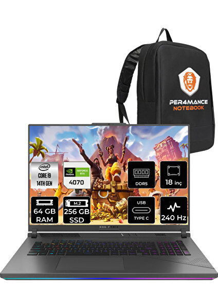 Rog Strix G18 Intel Core I9 14900HX 64GB 256GB SSD RTX4070/8GB 240Hz 18" Qhd+ Fdos Taşınabilir Bilgisayar N6002 & Per4 Çanta N6002P331