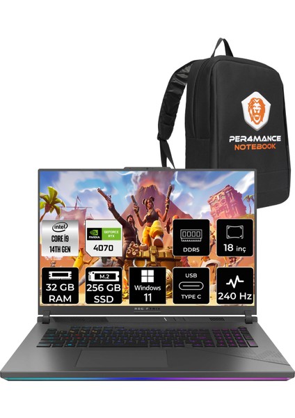 Rog Strix G18 Intel Core I9 14900HX 32GB 256GB SSD RTX4070/8GB 240Hz 18" Qhd+ W11H Taşınabilir Bilgisayar N6002 & Per4 Çanta N6002P356