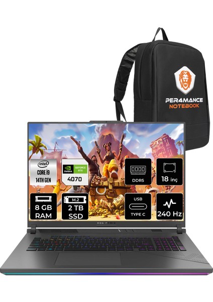 Rog Strix G18 Intel Core I9 14900HX 8gb 2tb SSD RTX4070/8GB 240Hz 18" Qhd+ Fdos Taşınabilir Bilgisayar N6062 & Per4 Çanta N6062P304