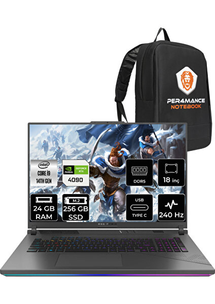 Rog Strix Scar 18 Intel Core I9 14900HX 24GB 256GB SSD RTX4090/16GB 240Hz 18" Qhd+ Fdos Taşınabilir Bilgisayar N6100 & Per4 Çanta N6100P311