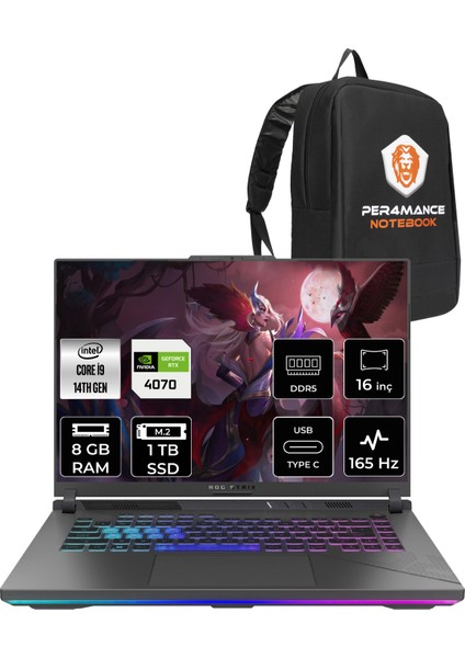 Rog Strix G16 Intel Core I9 14900HX 8gb 1tb SSD RTX4070/8GB 165Hz 16" Fhd+ Fdos Taşınabilir Bilgisayar N3088 & Per4 Çanta N3038P303