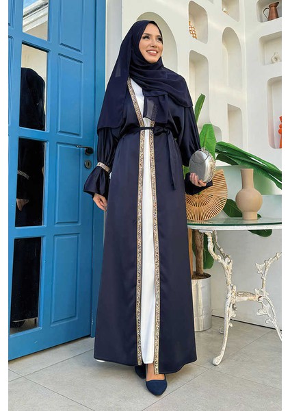 Taş Işleme Detaylı Kuşaklı Elbiseli Abaya Takım 3860 Lacivert