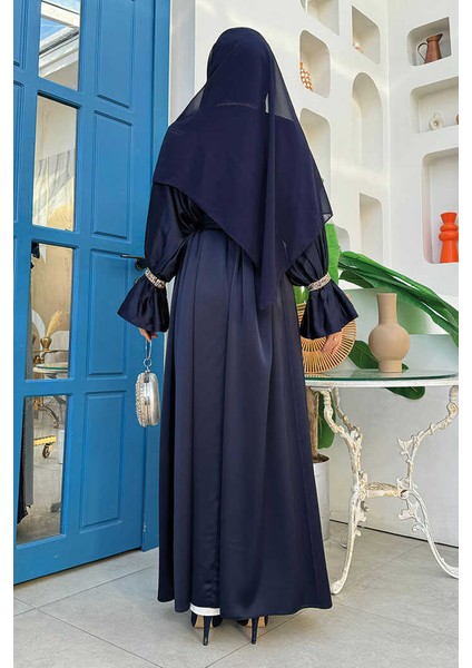 Taş Işleme Detaylı Kuşaklı Elbiseli Abaya Takım 3860 Lacivert modelleri