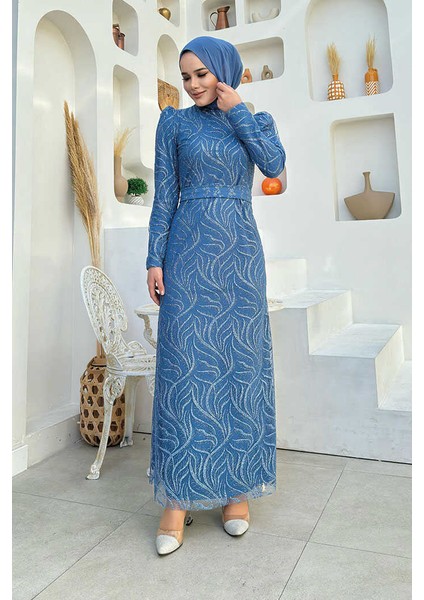 Dal Desenli Simli Tül Abiye Elbise 1140 Indigo