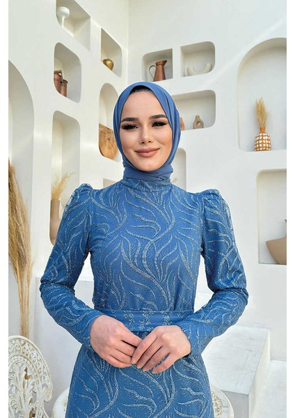 Dal Desenli Simli Tül Abiye Elbise 1140 Indigo