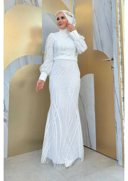 Bym Fashion Desenli Bel Kemerli Balık Abiye Elbise 1139 Ekru