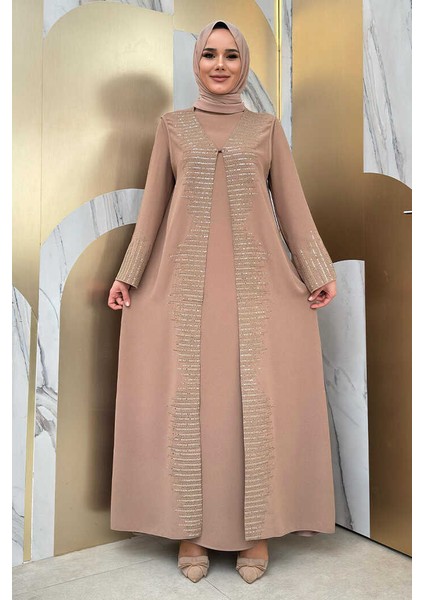 Pul Işlemeli Yelekli Elbise Takım 8498 Vizon