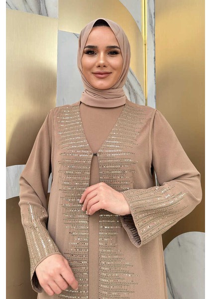 Pul Işlemeli Yelekli Elbise Takım 8498 Vizon