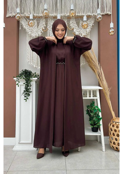 Bel Bilek Kısımları Taşlı Elbiseli Abaya Takım 8490 Kahverengi