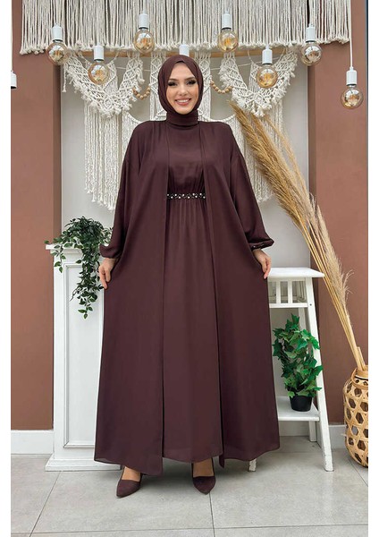 Bel Bilek Kısımları Taşlı Elbiseli Abaya Takım 8490 Kahverengi fiyatları