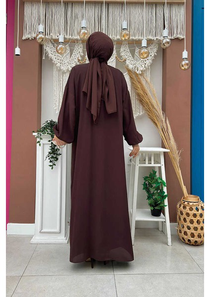 Bel Bilek Kısımları Taşlı Elbiseli Abaya Takım 8490 Kahverengi modelleri