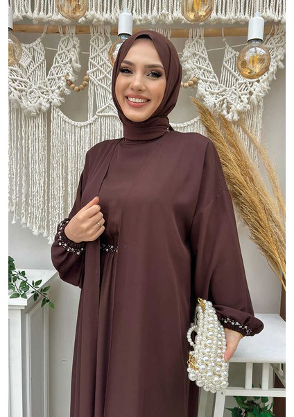 Bel Bilek Kısımları Taşlı Elbiseli Abaya Takım 8490 Kahverengi fırsatları