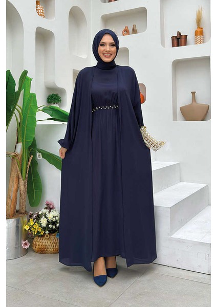 Bel Bilek Kısımları Taşlı Elbiseli Abaya Takım 8490 Lacivert
