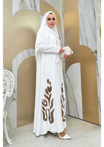 Etek Kısmı Desenli Elbiseli Abaya Takım 8495 Ekru fiyatları