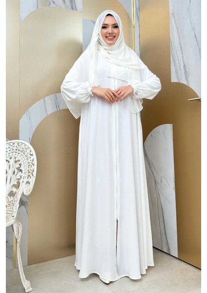 Fermuarlı Kol Manşetleri Büzgülü Mevlana Ferace 6007 Ekru