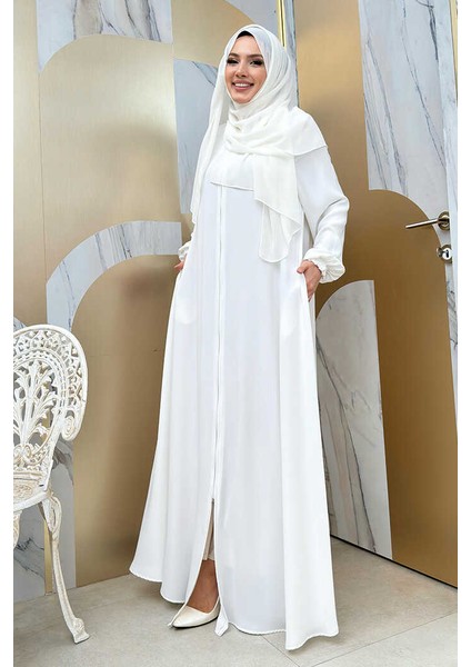 Fermuarlı Kol Manşetleri Büzgülü Mevlana Ferace 6007 Ekru modelleri