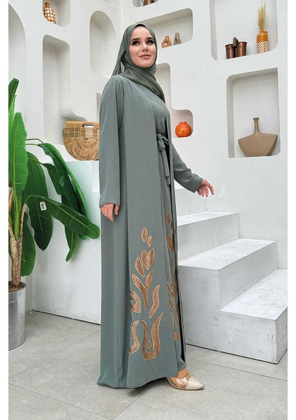 Etek Kısmı Desenli Elbiseli Abaya Takım 8495 Mint fiyatları