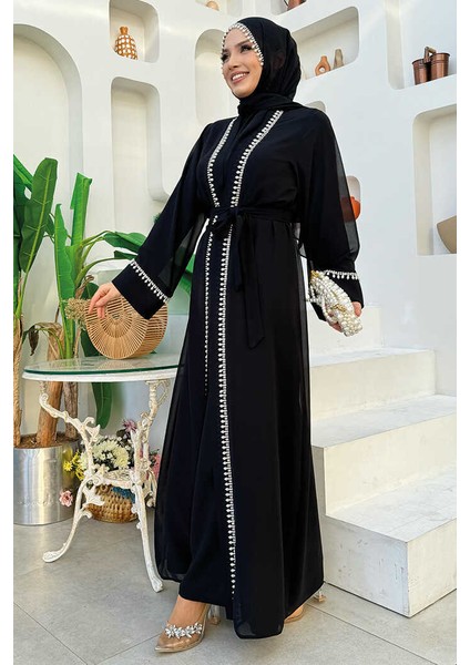 Inci Detaylı Abaya Elbise Takım 8493 Siyah modelleri