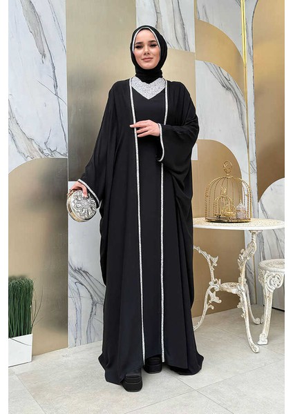 Taş Işleme Detay Elbiseli Pelerin Takım 8496 Siyah